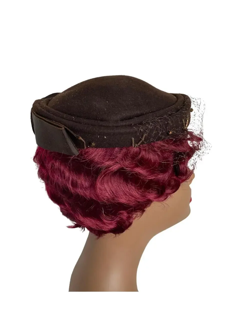 Vintage 1950s Brown Felt Pillbox Hat: Beaded Veil Fascinator